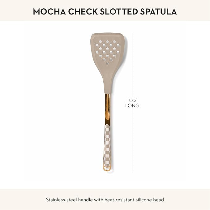 MACKENZIE-CHILDS Slotted Kitchen Spatula, Silicone Spatula for Cooking, Brown-and-White Mocha Check