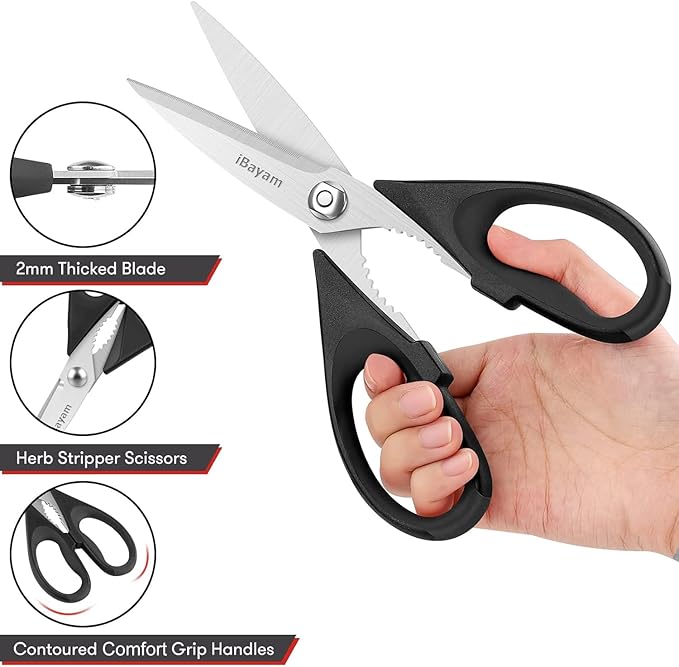 iBayam Black Kitchen Scissors - Heavy Duty Meat & Poultry Shears, Dishwasher Safe Stainless Steel Utility Scissors, 2-Pack Black Kitchen Utensils Set for New Home Essentials