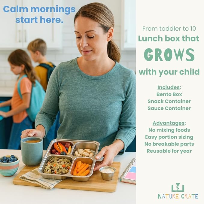 Stainless Steel Lunch Box for Kids 3 and older - 3 Pieces: Stainless Steel Bento Box & 2 Snack Containers for Kids - Dishwasher Safe, Eco-Friendly, BPA Free, Leak Proof