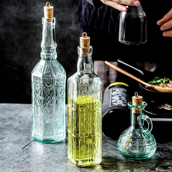 Bormioli Rocco Set Of 2 Country Home Olivia Oil Bottle, 7-ounce Cruet With All Natural Cork Lid, Blue-green Tinted Star Glass, Elegant And Floral Design, Made In Italy.