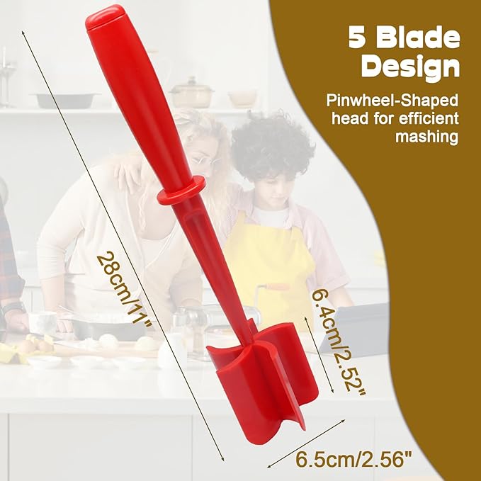 Meat Masher, 5 Curve Blade Hamburger Chopper, Heat Resistant Meat Masher for Ground Beef, Mix and Chop Kitchen Tool, Food Smasher Tool for Hamburger, Beef, Potato, Tomato, Avocado (Red)