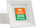 ECOLipak 10 Inch Square Paper Plates, 300 Pack Compostable Heavy Duty Biodegradable Paper Plates, Made from Sugarcane, Eco Friendly White Disposable Plates for Party, Dinner
