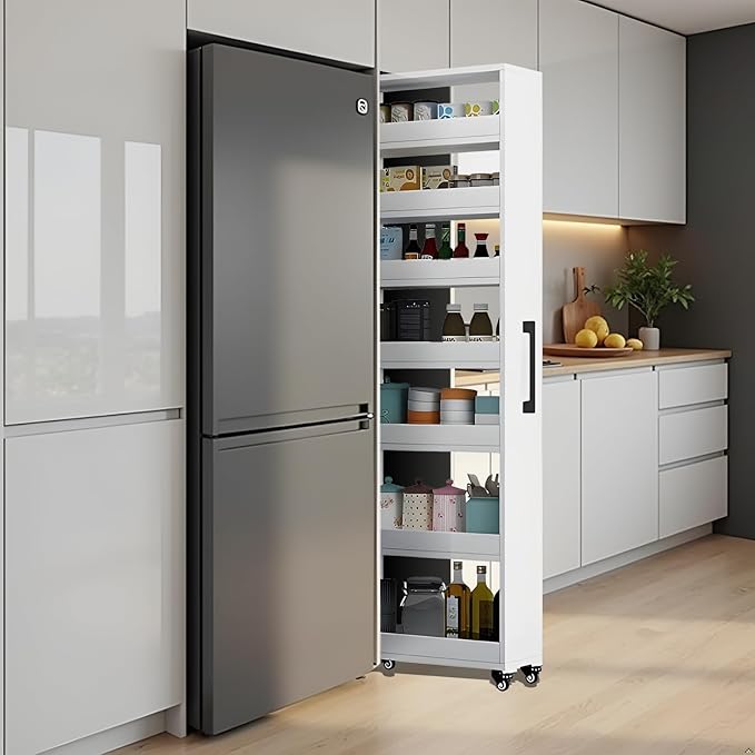 7-Tier Slim Storage Cart, Wooden Rolling Pantry Cabinet with Wheels, Narrow Shelf Organizer for Kitchen, Bakers Rack, Dining Room, Closet, Small Spaces Teak 73.2''H*9.8''W*19.6''D