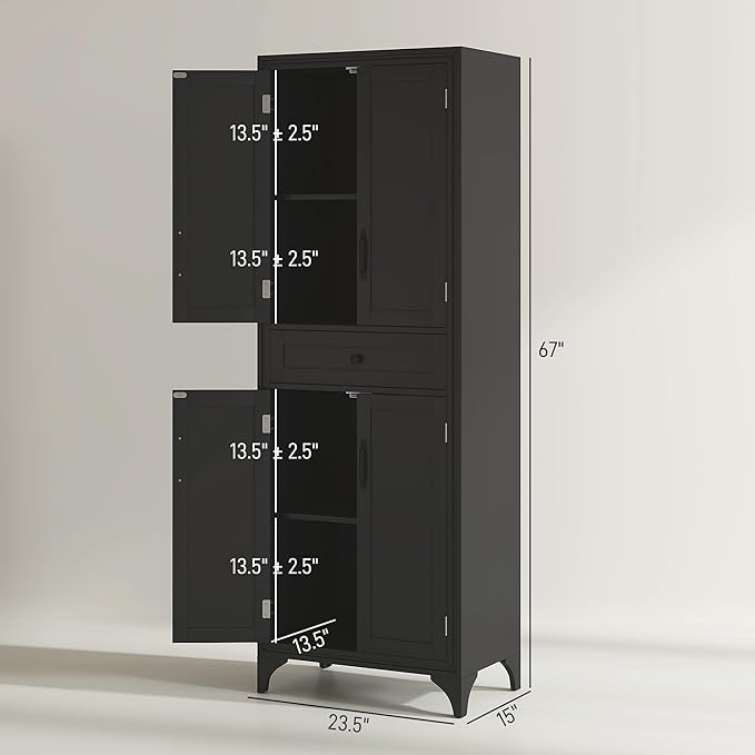 HOMCOM 67" Tall Freestanding Kitchen Pantry Cabinet, 4-Door Storage Cabinet with Drawer and Adjustable Shelves for Dining Room, Black