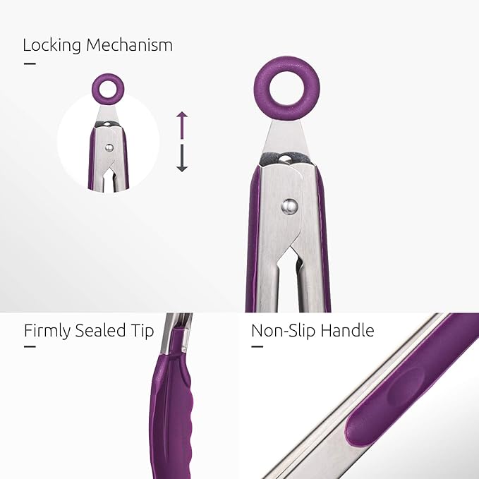 U-Taste Kitchen Tongs, 7/9/12 inches Cooking Tongs, with 600ºF High Heat-Resistant Non-Stick Silicone Tips, 18/8 Stainless Steel Handle, for Food Grill, Salad, BBQ, Frying, Serving, Pack of 3(Purple)