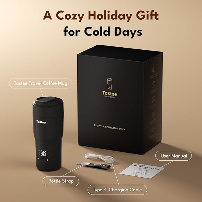 Tastee Heated Coffee Mug – 12oz Portable Travel Mug with 1℉ Precise Temperature Control, 8-Hour Heat Retention, 30W Fast Charging, Leak-Proof, Wide Mouth, Gift-Ready for Office, Home & Outdoor(Black)