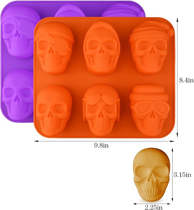 HUAKENER 2 Pack Skull Cake Pan, 6 Cavity Skull Cake Molds, Silicone Skull Baking Pan for Mini Cakes, Chocolate Bomb, Pudding, Halloween Baking