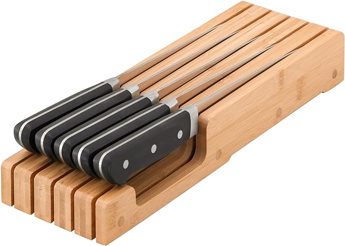 Bamboo Knife Block and In-Drawer Storage, Display Stand and Organizer, In-Drawer Knife Drawer Organizer(Knives Not Included)