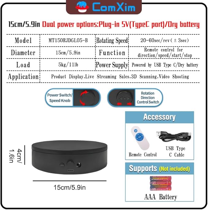 Knob Speed Adjustment Remote Control Motorized Rotating Display Stand 3d scanner Electric Turntable rotating platform for Photography Products Shows,Jewelry,Watch,3D Models,Cake Support AAA