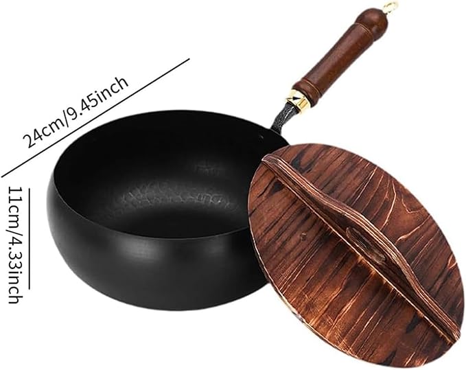 Jinswhdre Cast Iron Skillet, 9.5/11in Jinswhdre Japanese Irons Pan, Hand Forged Uncoated Iron Pan with Lid Spatula, Non-stick Wok for Cooker Gas Stir Fry Pans Durable and Rust-Free (Wooden Lid,9.45in)