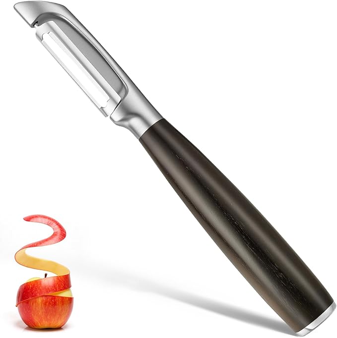 JUSEEPO Premium Vegetable Peeler, I Type Swivel 304 Stainless Steel Blade Comfortable Solid Wood Handle, Practical Gift for Restaurant Baking Chef Woman for Veggie, Fruit, Potato(Charred Wood)