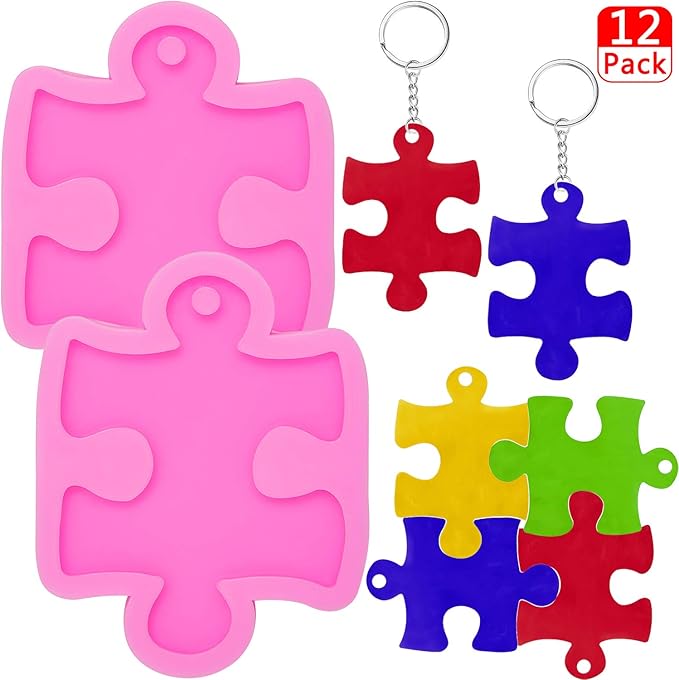 2 Pieces Puzzle Silicone Mold Handmade Puzzle Keychain Mold Silicone Baking Mold with Hole and 10 Pieces Key Rings for DIY Keychains, Chocolate, Cake, Pudding, Ice Cream, Jelly