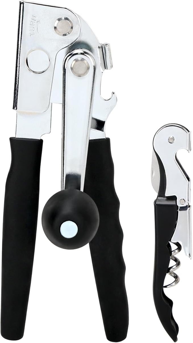 Manual Can Opener, Heavy Duty Power Can Opener with Soft Touch Handle, Sharp Blade, Smooth Edge, Can Opener with Multi-Purpose Bottle Opener, Get a Bottle Opener, Black