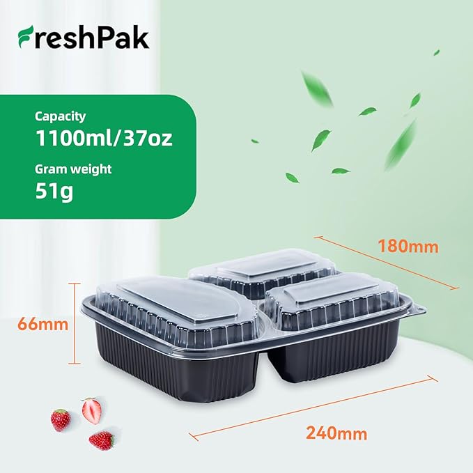 Food Containers Reusable 40 Pack 38oz - Shrink Wrap Leakproof | Portion Control Leftover Plastic Container with Lid | BPA Free Freezer & Microwave Safe Meal Prep | 3 Compartment Takeout Boxes