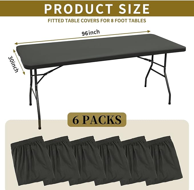 6 Pack Stretch Fabric Table Top Cap Cover, fits 8' Tables, Spandex Table Covers Washable Elastic Universal Rectangle Tablecloth Protector for Indoor Outdoor Party Picnic Wedding, Gray, 30" W x 96" L