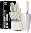 Knife Set - Haugo 14 PCS German Stainless Steel Kitchen Knife Sets with Block and Sharpener - Full Tang Knife Block Set and Ergonomic Handle - Elegant White- Obsidian Series