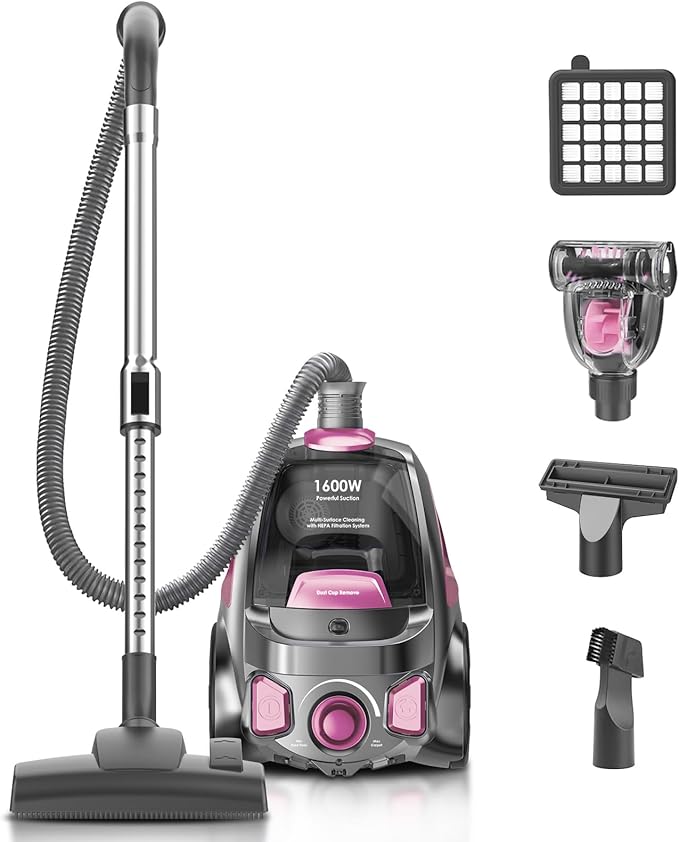 Canister Vacuum Cleaner, 32Kpa 1600W Bagless Vacuum Cleaner, Dust Full Indicator, H13 HEPA Filter, 3.7Qt Large Capacity, Lightweight Vac for Hard Floors, Carpet, Pet, Upholstery, Pink