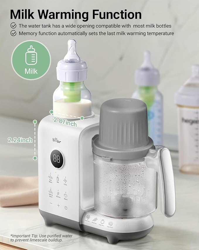 Bear Baby Food Maker with Two Layer Steam Baskets, One Step Baby Food Processor Steamer Puree Blender, Baby Food Mill with Bottle Warming Sterili-zing Auto Cleaning Function, BPA-Free, White