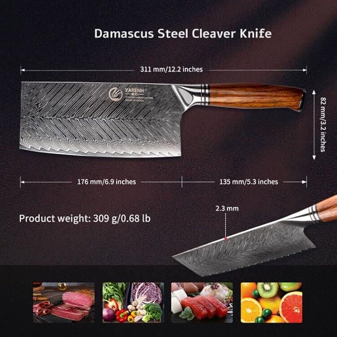 YARENH Professional Chef Knife, Cleaver Knife 7 Inch, 73 Layers Damascus Stainless Steel, Full Tang Natural Sandalwood Handle, with Gift Box