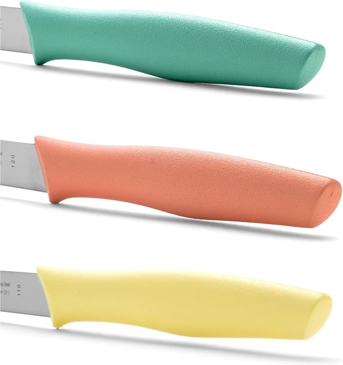 Arcos Paring Knife Set of 3 Pieces 4 Inch Stainless Steel. Colorful Kitchen Knives for Peeling Fruits and Vegetables. Ergonomic Polypropylene Handle. Series Nova. Color Orange, Yellow and Blue.