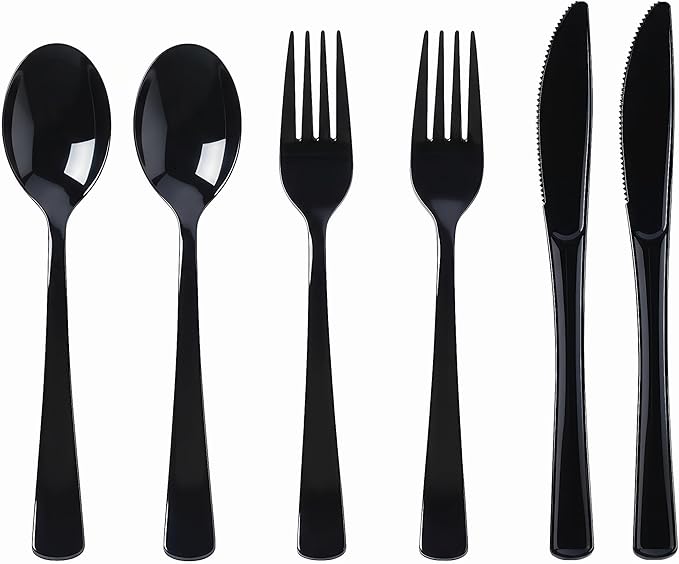 300 Pieces Of Black Plastic Silverware,Heavy Duty, 100 Forks, 100 Spoons, 100 Knives, Heat-Resistant and BPA-free Disposable Silverware,Party Supplies, High-end Utensils