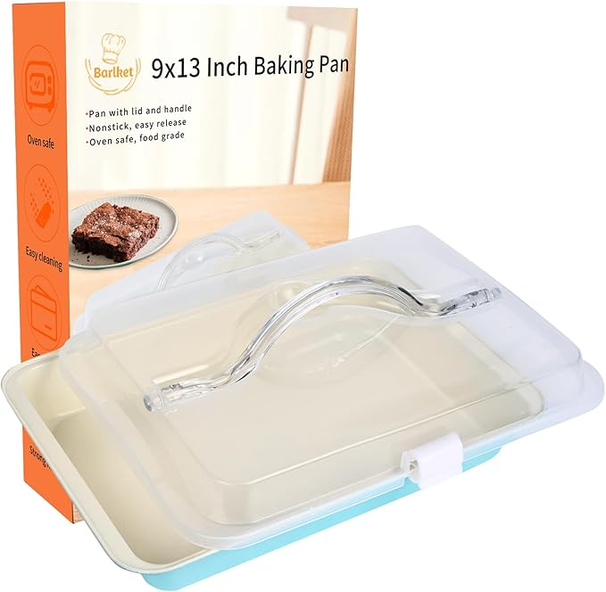 9x13 Baking Pan with Lid and Handle, Nonstick Cake Carrier with Locking Cover, Deep Oblong Bakeware for Brownies, Casseroles, and Travel, Blue and Beige