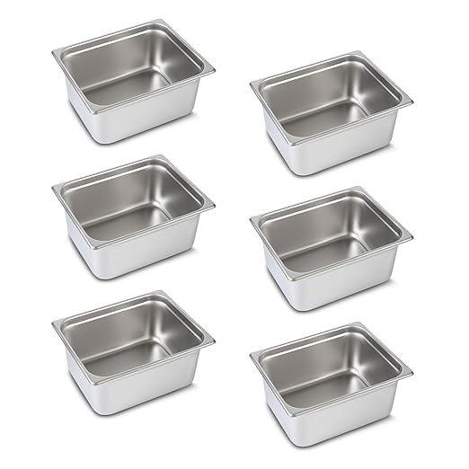 1/2 Hotel Pans 6 Inch Deep Stainless Steel Food Pan - Anti-Jam 6 Pack Steam Table Pan Set for Catering, Buffet Use, Kitchen Prep