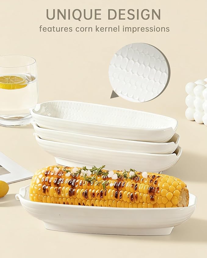 Ceramic Corn Cob Holders, 9" Corn on the Cob Dishes Set of 4, White Corn Cob Dishes with Non-Slip Bottom, With 8 Corn Cob Holders, Microwave Dishwasher Oven Safe