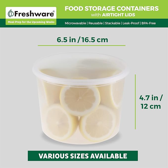 Freshware [12 Pack, 64 oz] 1/2 Gallon Plastic Deli Food Storage Soup Containers With Airtight Lids, Slime Containers, Freezer Safe | Meal Prep | Stackable | Leakproof | BPA Free, Clear