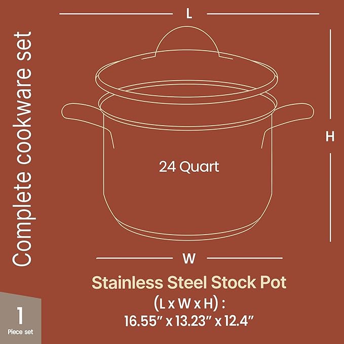 Stainless Steel Stockpot with Tempered Glass Lid 24 Quart, Durable 18/0 Stainless Steel, Impact-Bonded Base for Even Heating, Riveted Handles, Oven & All Stove Compatible, Safe Up To 500°F (260°C)