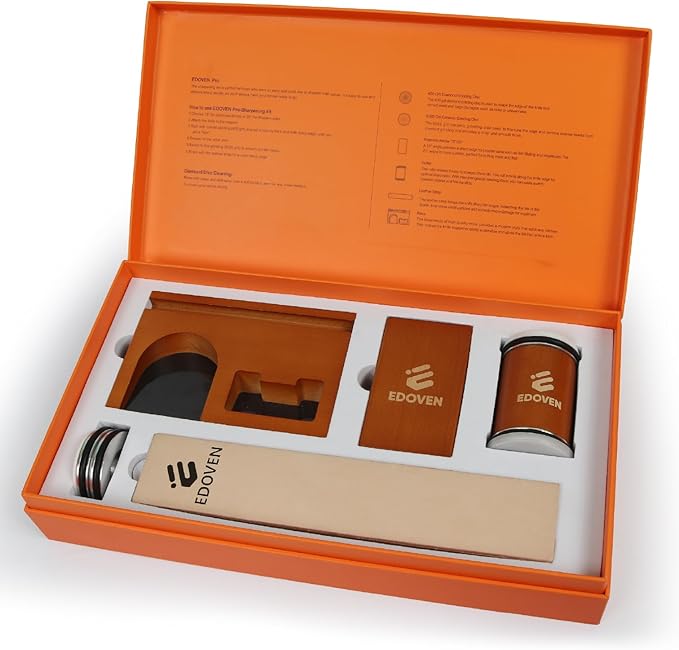 Rolling Knife Sharpener Kit – Complete Luxury Set with Leather Strop, Stand & 2 Extra Discs | Premium Beech Wood Magnetic Sharpener | Kitchen & Pocket Knife Sharpening Tool