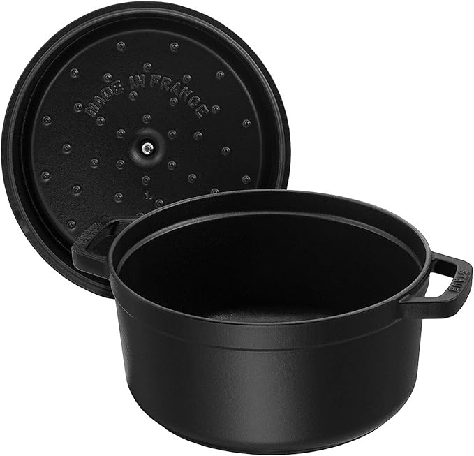 STAUB Cast Iron Dutch Oven 7-qt Round Cocotte, Serves 7- 8, Made in France, Black Matte