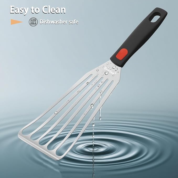 Fish Spatula Stainless Steel, Flexible Metal Spatulas with Silicone Handle, Slotted Turner for Kitchen, Cooking, Grilling, Flipping, Turning, Egg, Pancake and Burger (Small, 10.3 Inch)