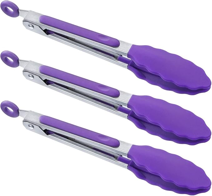 MSY BIGSUNNY Kitchen Food Tongs - 7" Mini Silicone Serving Tongs - Set of 3 (Purple)