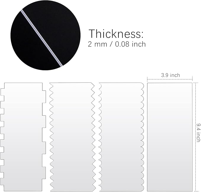 JOERSH 4pcs Acrylic Cake Scrapers Clear Combs Icing Frosting Buttercream Edge Smoother for Mousse Butter Cream Decoration
