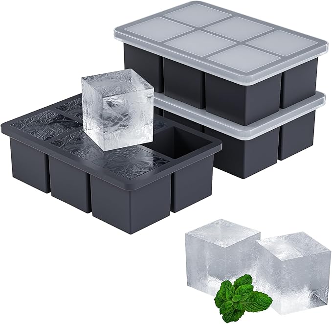 Large Ice Cube Tray for Whiskey 3 Pack, HANCELANT Big Silicone Square Ice Cube Mold with Removable Lid, 2'' Huge Square Ice Cubed Tray for Whisky and Cocktail