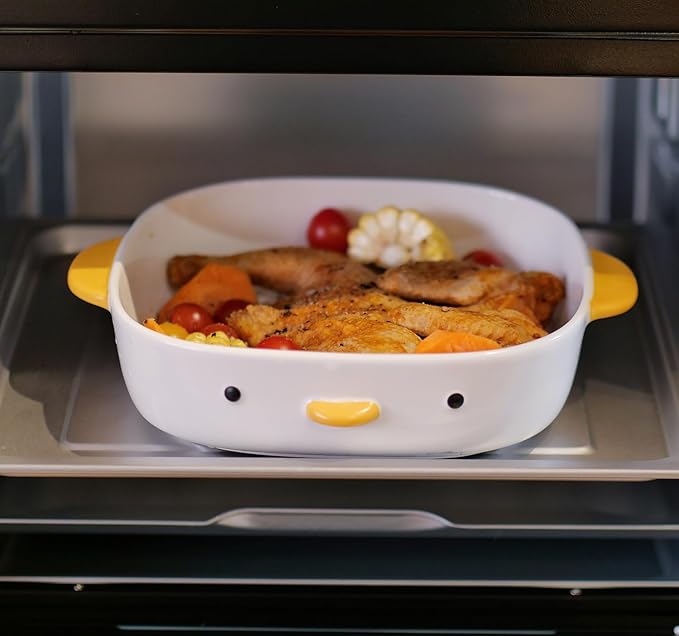 PURROOM Cute Duck Baking Dish, Ceramic Casserole Square Dish, Porcelain Pie Pan, 9x9 in Medium Baking Pan with Handles, Oven Safe & Durable Bakeware for Lasagna.