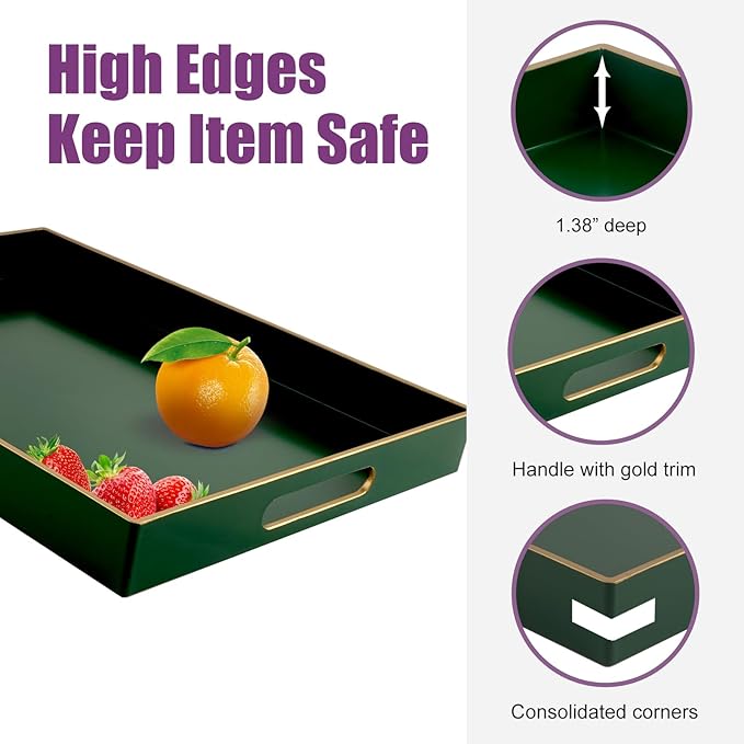 Gifturbo Large Serving Tray with Handles，Green Rectangular Plastic Elegant Decorative Coffee Table Trays for Ottoman, Living Room, Bathroom, Home Decor, Vanity Tray with Gold Trimming, 15.7” x 11.8”