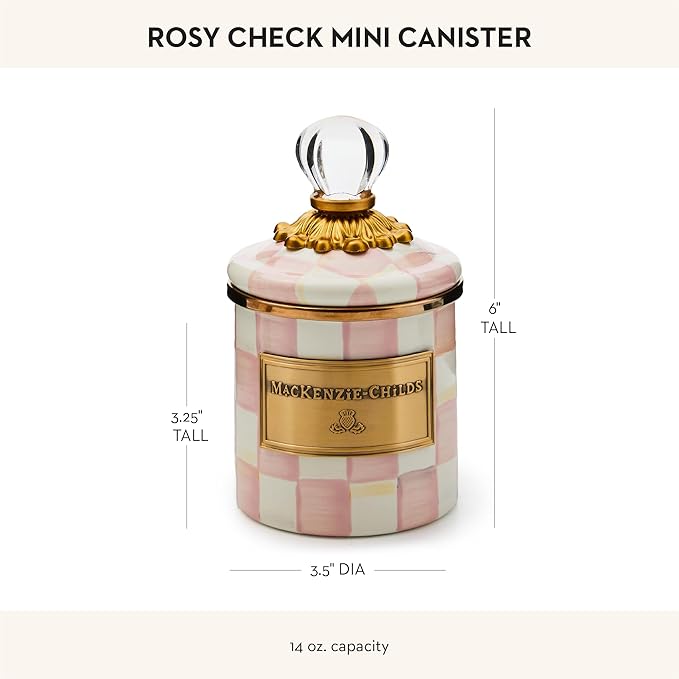 MACKENZIE-CHILDS Rosy Check Enamel Canister, Pink-and-White Kitchen Storage Container with Lid, Mini