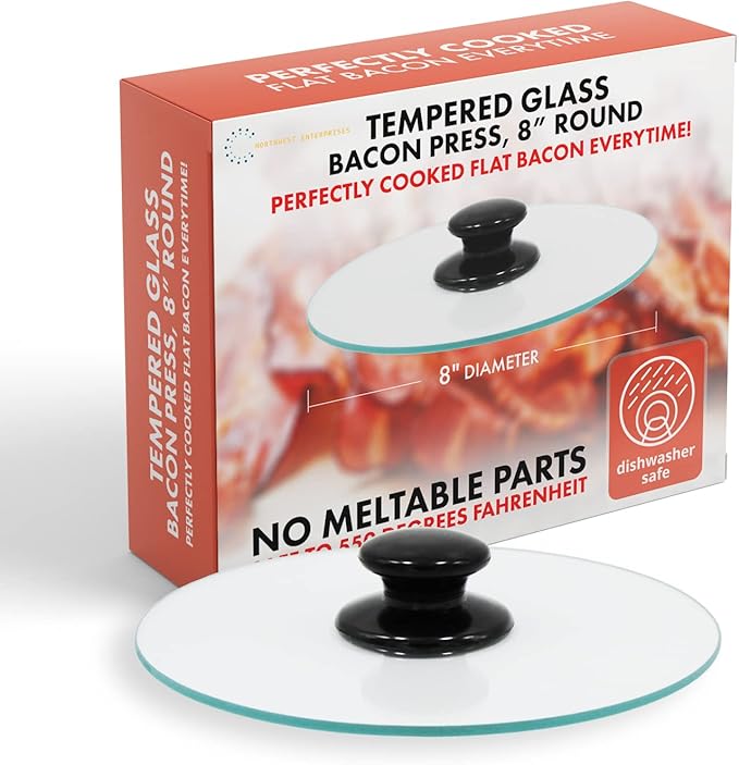 Northwest Enterprises Bacon Press, Round Tempered Glass Bacon Press and Splatter Shield, Perfectly Cooked Flat Bacon Every time! (8 Inch)