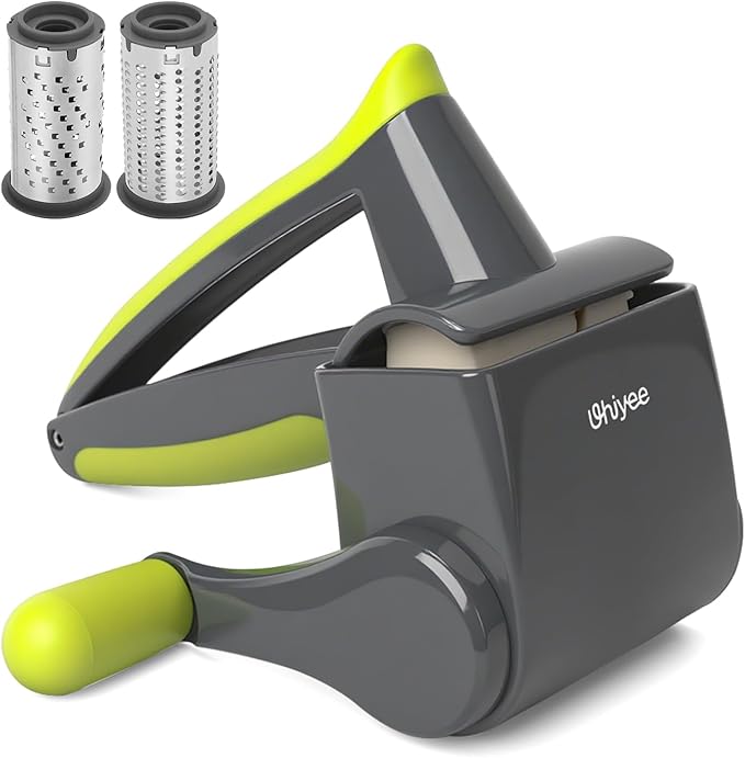 Cheese Grater Hand Crank, Patented Rotary Parmesan Cheese Grater Cheese Shredder Handheld with Fine & Coarse Drums, Restaurant Cheese Grinder with Handle for Hard Cheese, Gray Green