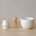 Matcha Whisk Set, Ceramic Matcha Bowl & Whisk Holder, Bamboo Accessory, Modern Design (White, Pouring Spout)