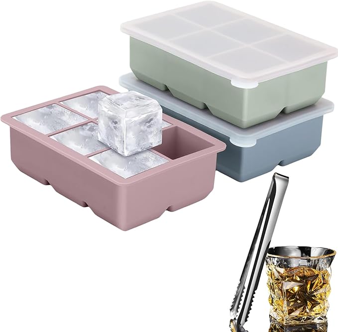 Large Silicone Ice Cube Trays with Lid, 6 Big Ice Cubes per Tray, Include 19.5cm/7.7in Ice Tongs - Perfect for Freezer, Whiskey, Cocktails