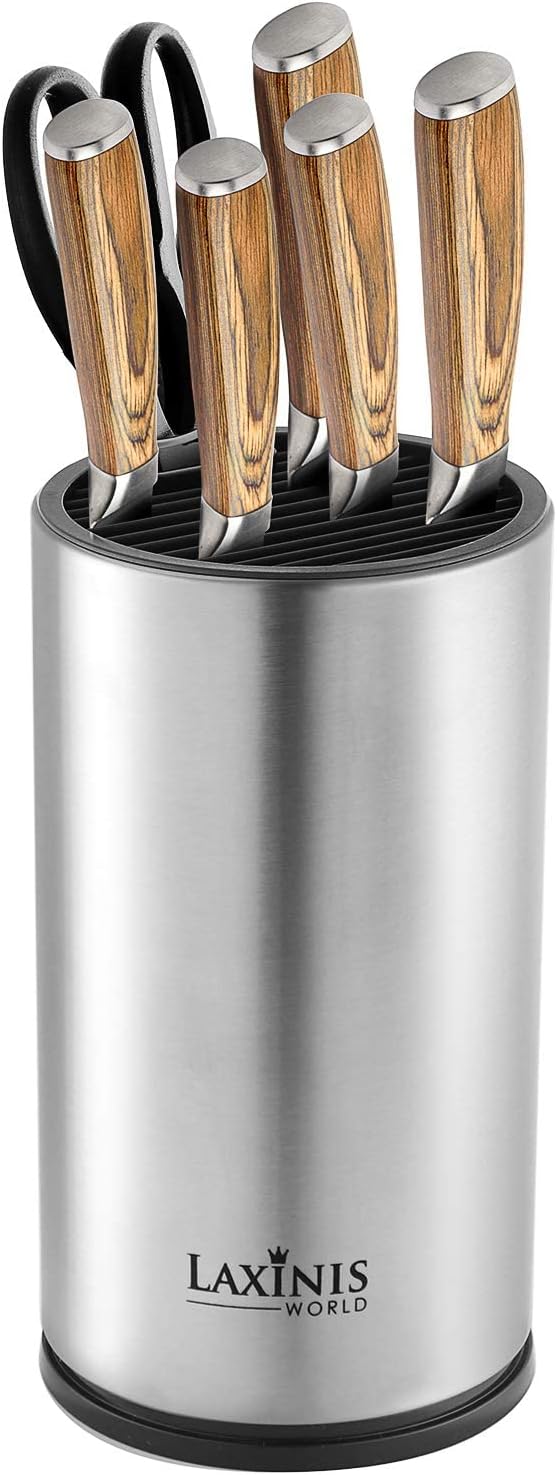 Universal Knife Block, Stainless Steel Round Knife Holder with Scissors-Slot, Counter-top Storage, Holds 12 8.5”-Blade Knives, 9” by 4.5” (knives not included)