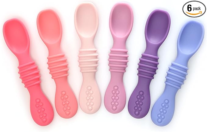 PrimaStella Silicone Chew Spoon Set for Babies and Toddlers - Safety Tested - BPA Free - Microwave, Dishwasher and Freezer Safe - Rosy Shades