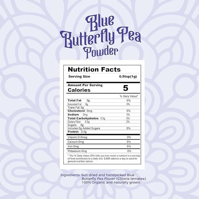 Pure Butterfly Pea Flower Powder, 100% Pure Natural Food Coloring, Non-GMO, Vegan, Retort Processed, Antioxidant-Rich, Blue Lotus Flower Powder