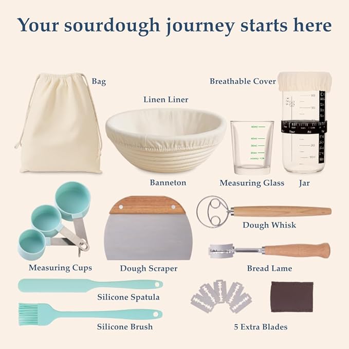 TRIGLI Sourdough Kit Baking Supplies Bread Making Kit with Dough Scraper Dough Whisk Round 9" Bread Proofing Basket Spatula Bread Lame Silicone Brush Sourdough Supplies Sourdough Tools