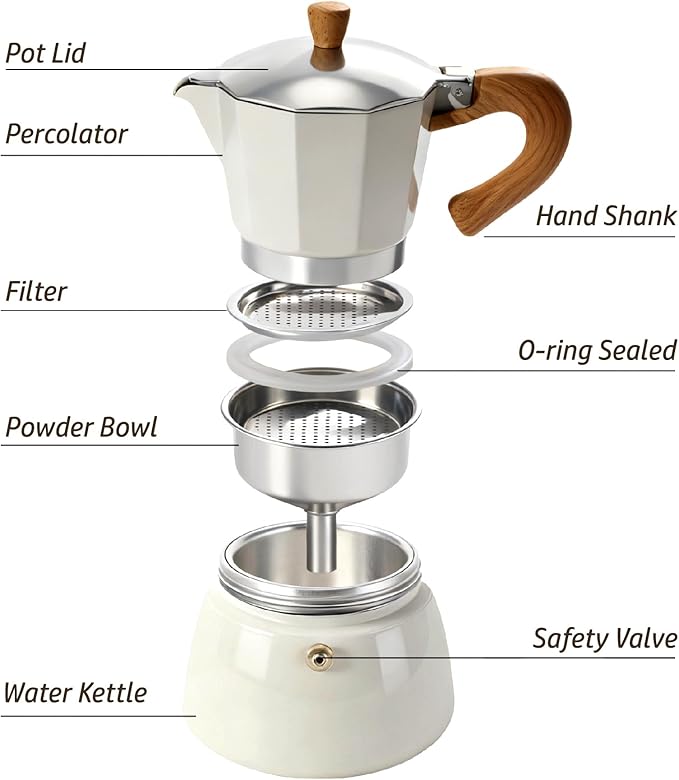 AGOGO Milano Moka Pot, Stovetop Espresso Maker, Greca, Coffee Percolator, Turkish Coffee Maker with Paper Filter, 6 Cup, Cream Color