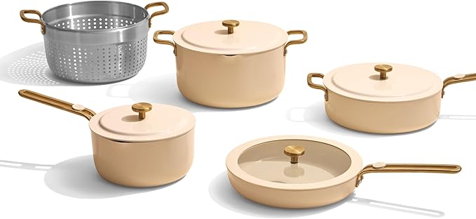 Our Place 11-Piece Essentials Complete Cookware Set - Ceramic Fry Pan, Saucepan, Sauté Pan, Stock Pot, Strainer Basket & Rack Storage | Thermakind™ Nonstick, Oven Safe up to 450°F | Cream