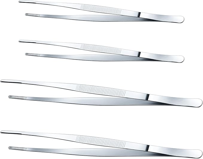 Yaomiao 4 Packs 12 Inch 10 Inch Bar Tweezers Silver Cocktail Tongs Long Garnish Tweezers Stainless Steel Bartender Kitchen Cooking Tongs for Cocktail Food Fruit Korean BBQ Bartender Chef, Multi-use